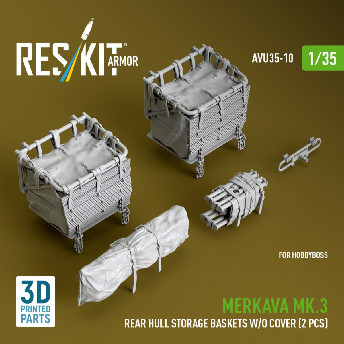 RESKIT AVU35-0010 Merkava Mk.3 rear hull storage baskets w/o cover (2 pcs) for HobbyBoss kit (3D Printed) 1/35