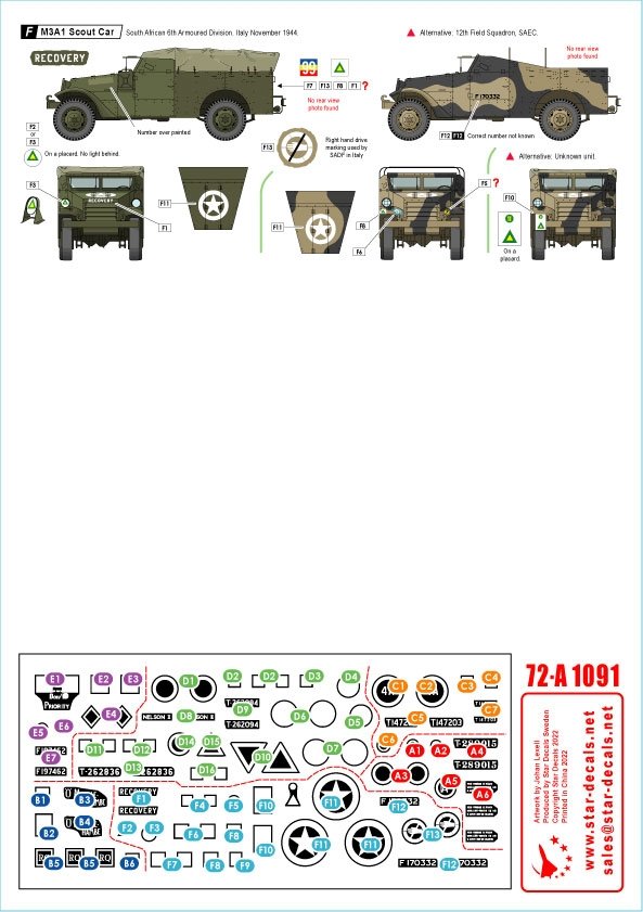 Star Decals 72-A1091 SA Tanks and AFVs in Italy South African Sherman IIA, Sherman Firefly VC, Sherman V AOP, M3A1 Scout Car, Humber Scout Car. 1/72 – Bild 3