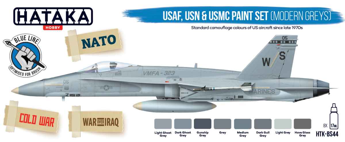Hataka HTK-BS44 BLUE LINE – USAF, USN &amp;amp; USMC paint set (modern greys) 8x17ml – immagine 2