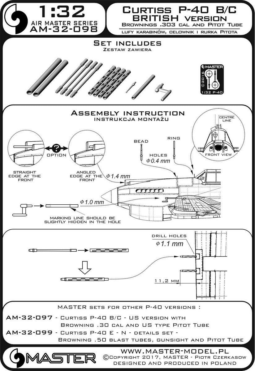 Master AM-32-098 Curtiss P-40 B/C Tomahawk II - wersja UK - lufy karabinów Browning .30 cal i brytyjska wersja Rurki Pitota 1/32 – imagen 3