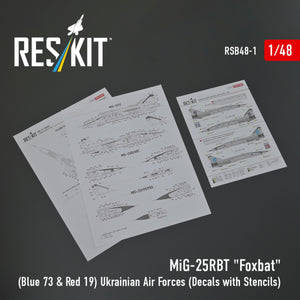 RESKIT RSB48-0001 MiG-25RBT "Foxbat" (Blue 73 &amp; Red 19) Ukrainian Air Forces (Decals with Stencils) 1/48