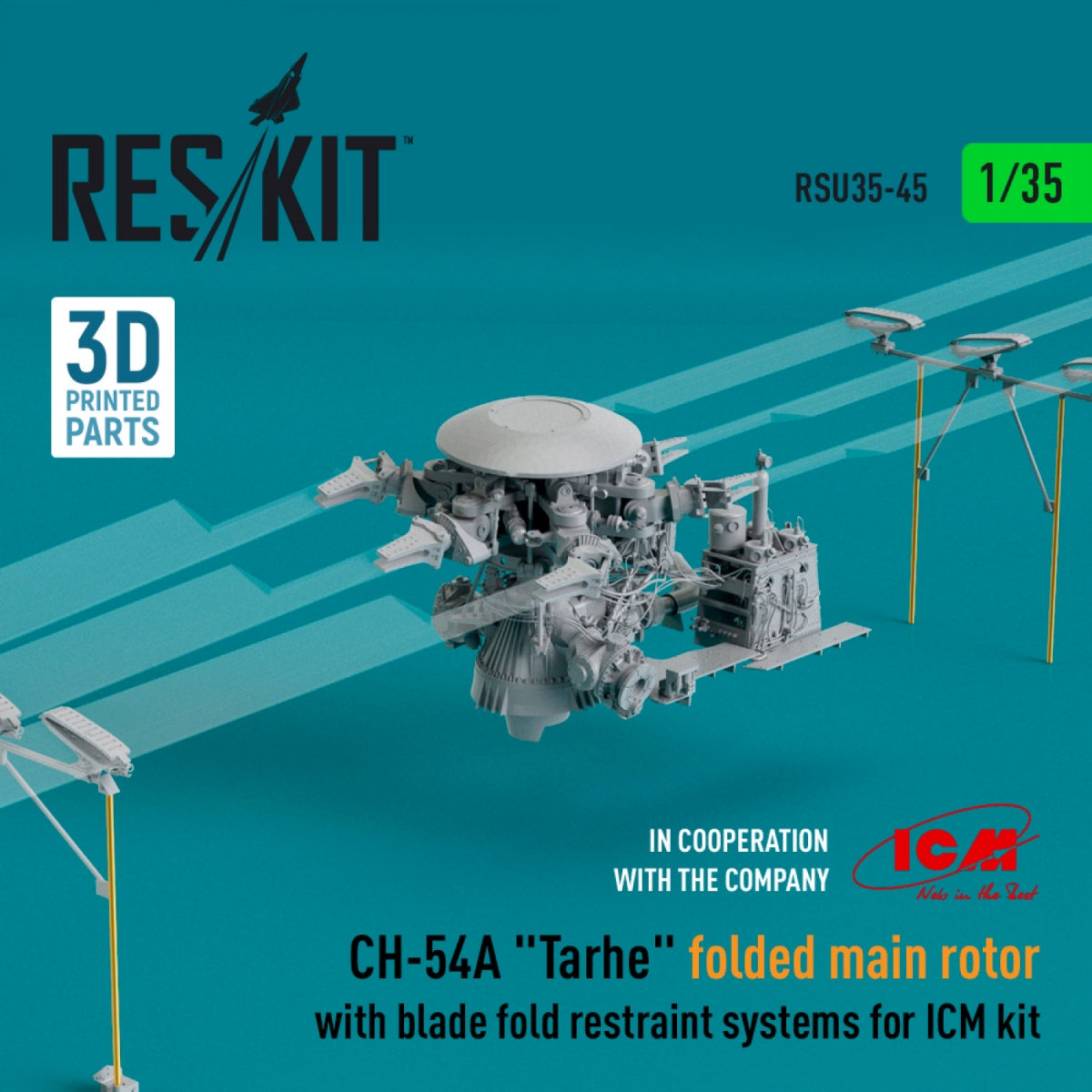 RESKIT RSU35-0045 CH-54A « TARHE » ROTOR PRINCIPAL PLIÉ AVEC SYSTÈMES DE RETENUE DES PALES POUR KIT ICM (IMPRIMÉ EN 3D) 1/35