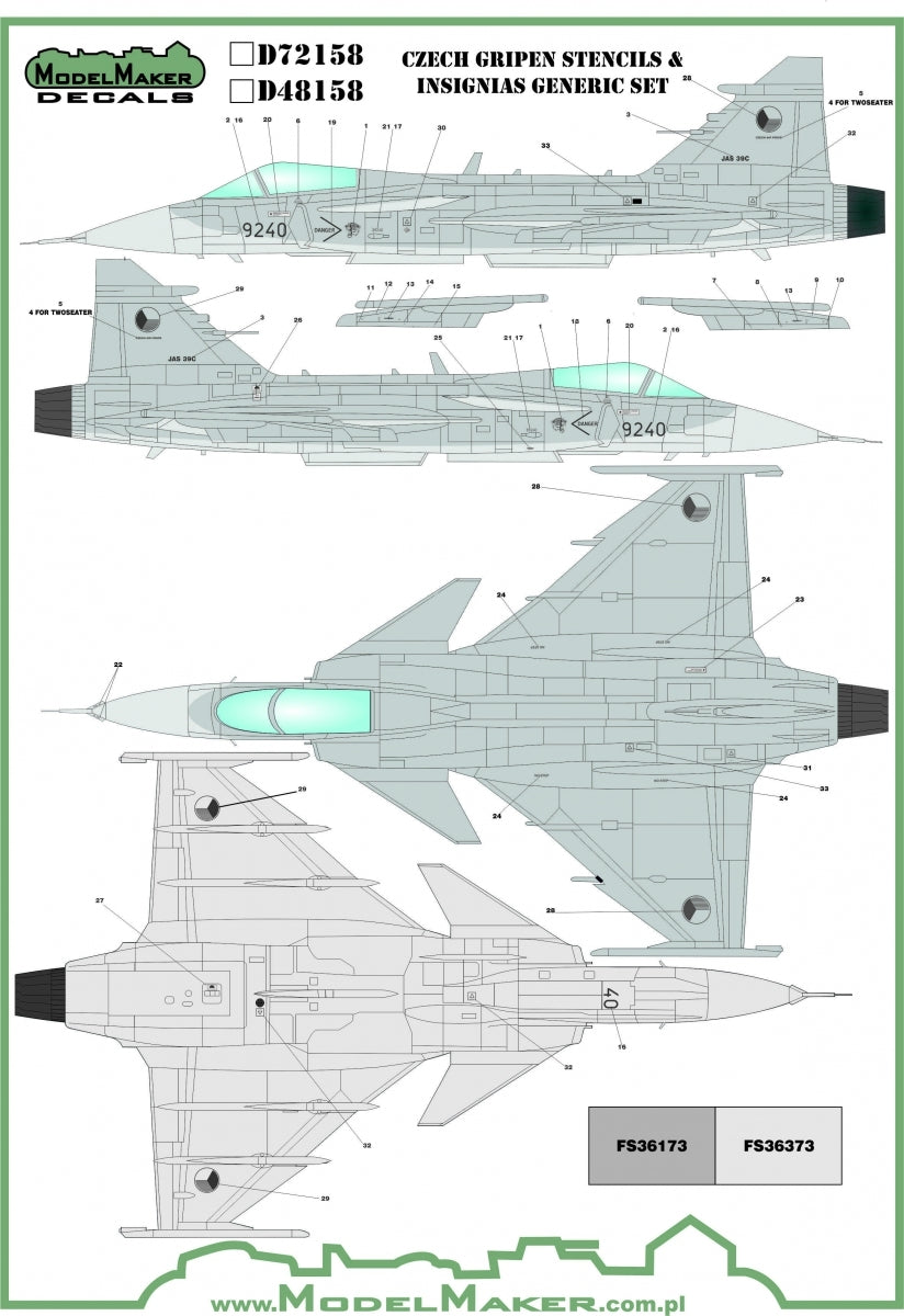 ModelMaker Decals D48158 Czech Gripen Stencils & Insignias generic set 1/48