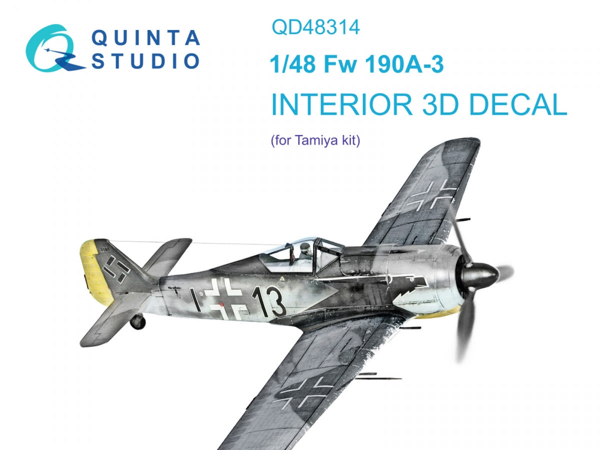 Quinta Studio QD48314 Fw 190A-3 3D-Printed &amp; colored Interior on decal paper (Tamiya) 1/48