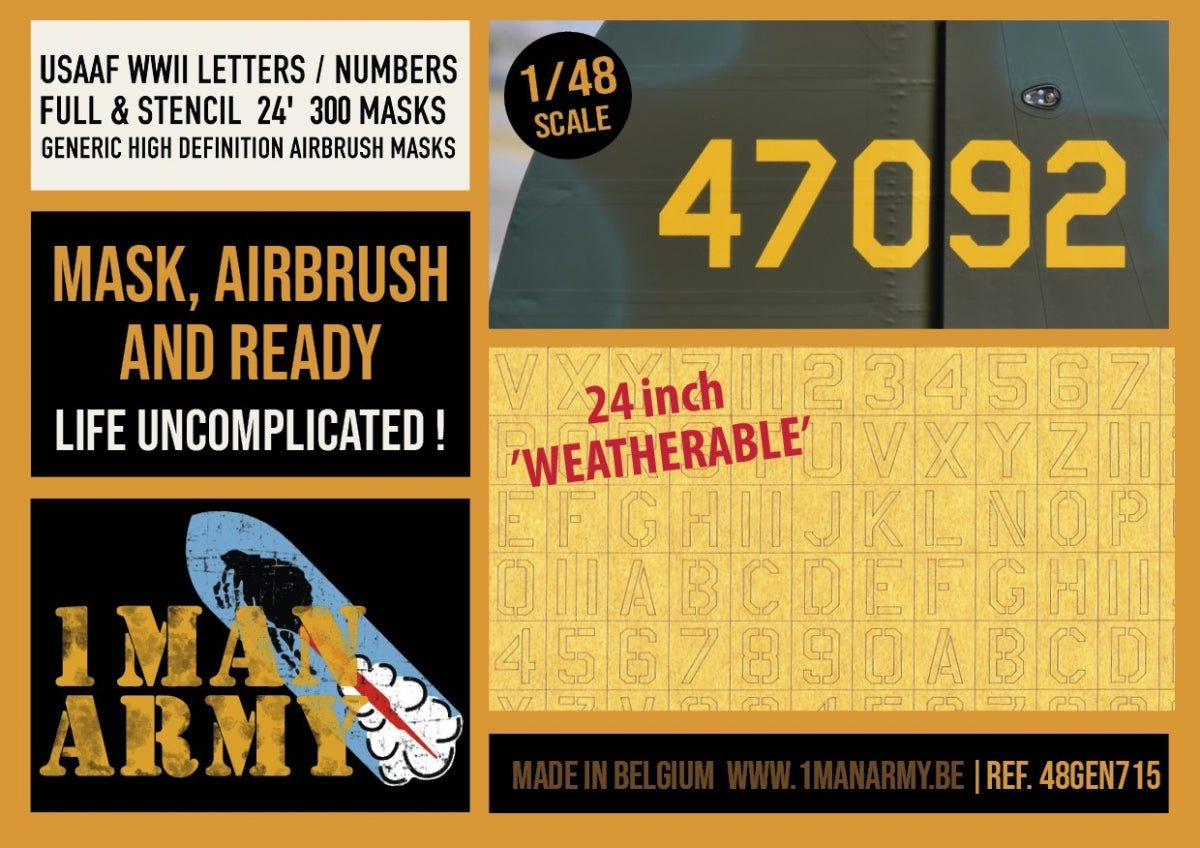 1 Man Army 48GEN715 USAAF WWII Letters / Numbers Full &amp; Stencil 24" (300 pcs) 1/48