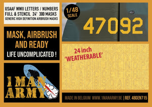 1 Man Army 48GEN715 USAAF WWII Letters / Numbers Full &amp; Stencil 24" (300 pcs) 1/48