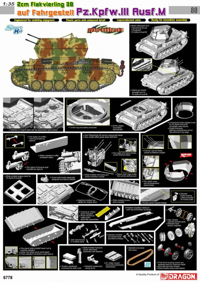 Cyber Hobby 6778 2cm Flakvierling 38 auf Fahrgestell Pz.Kpfw.III Ausf.M 1/35 – zdjęcie 4