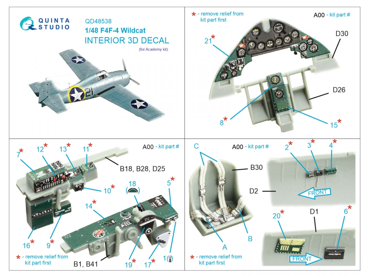 Quinta Studio QD48538 F4F-4 Wildcat 3D-Printed &amp;amp; coloured Interior on decal paper (Academy) 1/48 – imagen 2