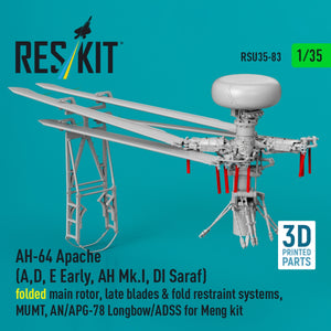 RESKIT RSU35-0083 AH-64 Apache (A,D, E Early, AH Mk.I, DI Saraf) folded main rotor, late blades &amp; fold restraint systems, MUMT, AN/APG-78 Longbow/ADSS for Meng kit (3D Printed) 1/35