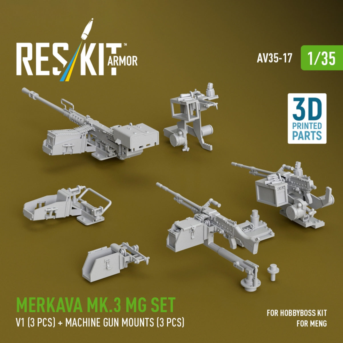 RESKIT AV35-0017 Merkava Mk.3 MG set, V1 (3 pcs) + machine gun mounts (3 pcs) for Meng/HobbyBoss kit (3D Printed) 1/35