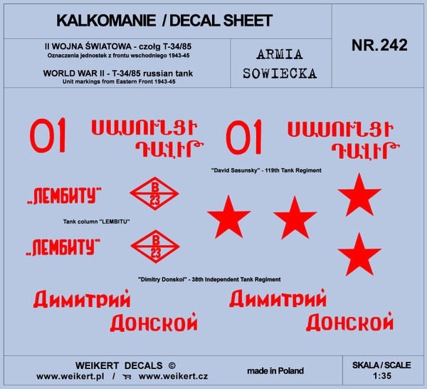 Weikert Decals DEC242 Soviet Army - T-34/85 TANK - Eastern Front 1943-45 - vol.1 1/35