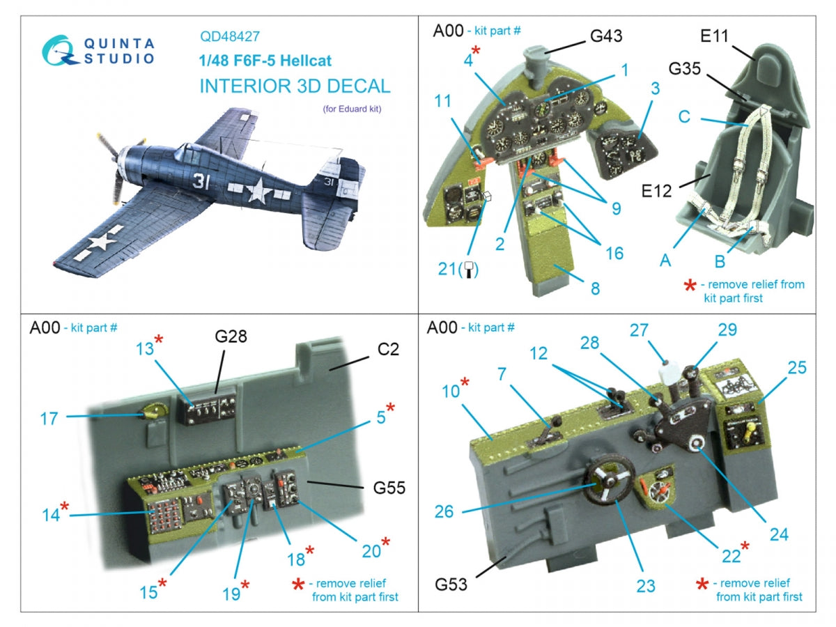 Intérieur coloré imprimé en 3D sur papier décalcomanie Quinta Studio QD48427 F6F-5 Hellcat (Eduard) 1/48 – image 5