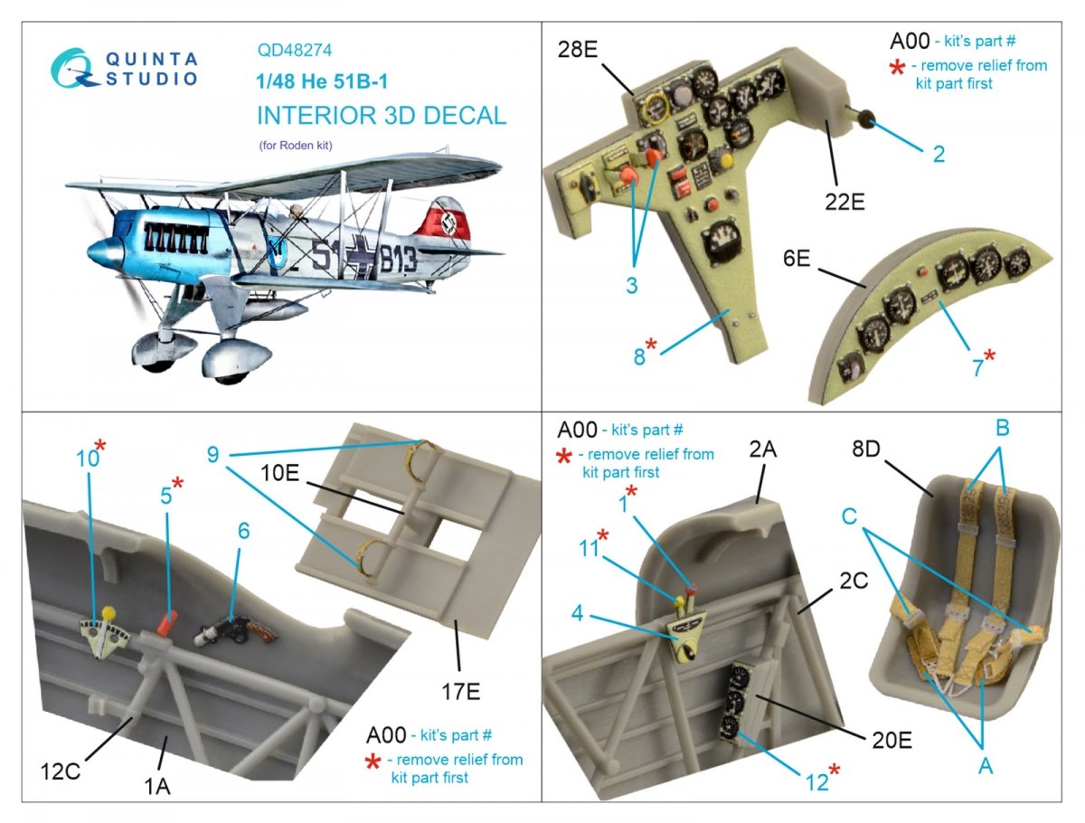 Quinta Studio QD48274 He 51B 3D-Printed &amp;amp; coloured Interior on decal paper (Roden) 1/48 – Bild 10