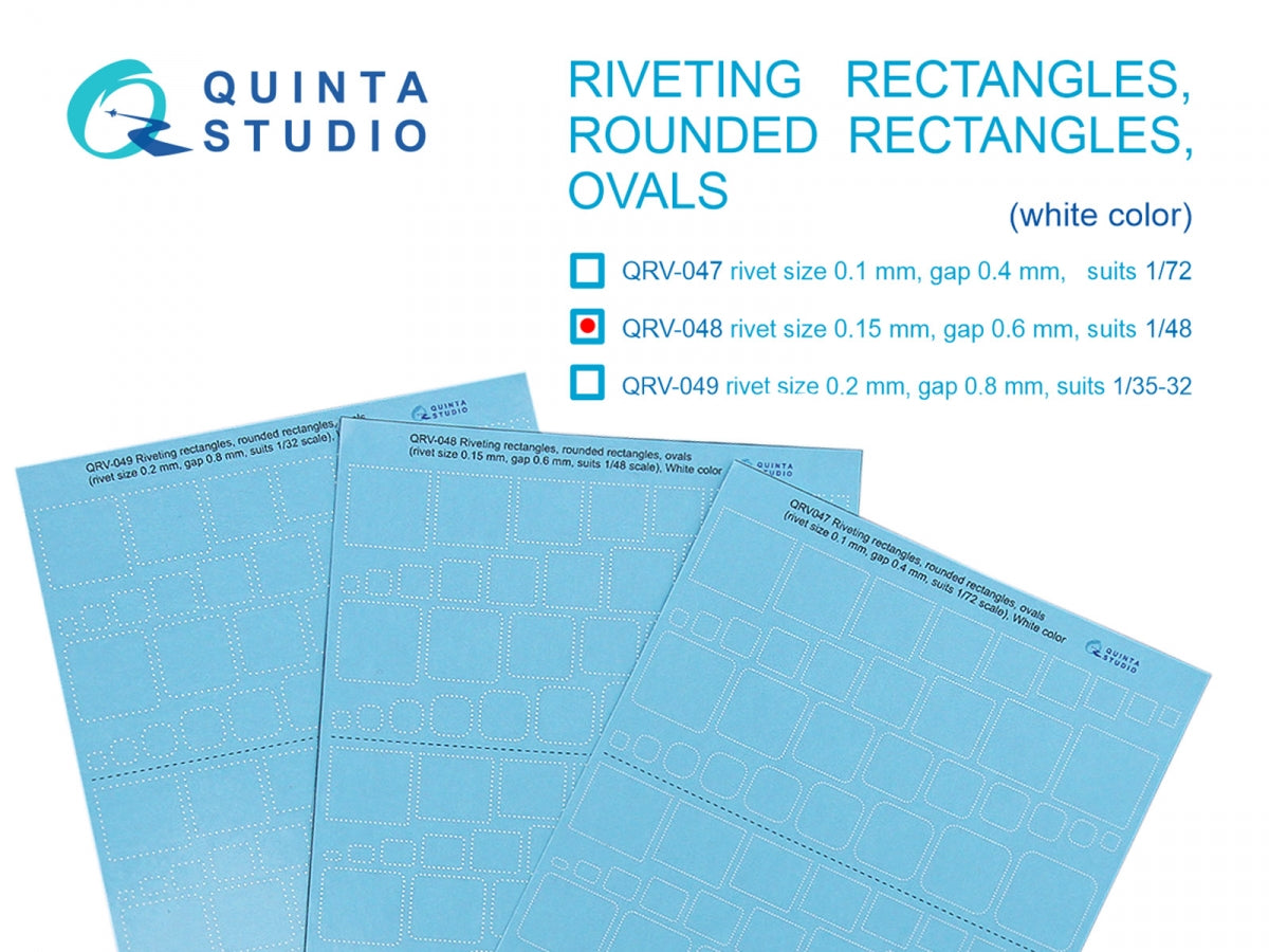 Quinta Studio QRV-048 Riveting rectangles, rounded rectangles and ovals (rivet size 0.15 mm, gap 0.6 mm, suits 1/48), White color 1/48