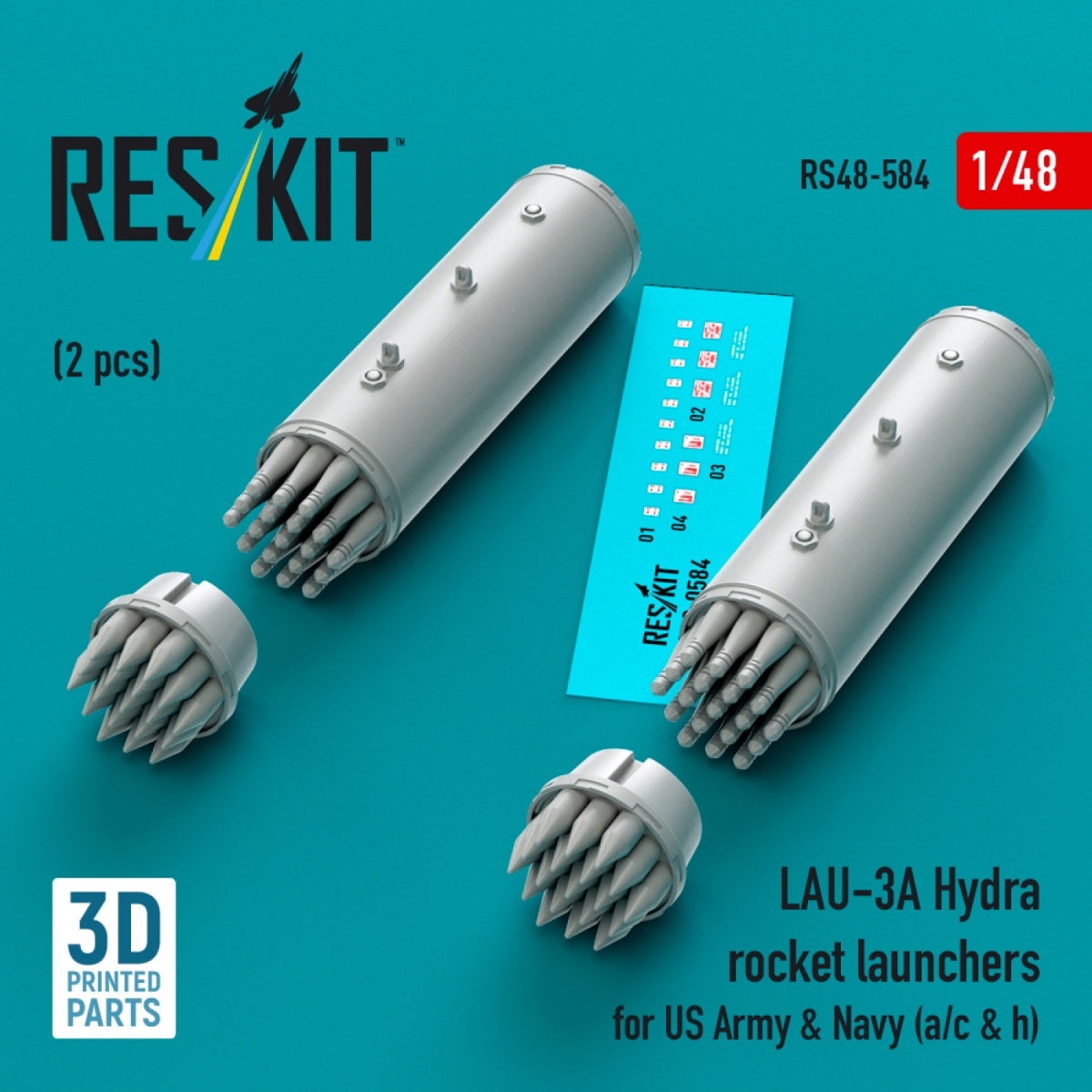 RESKIT RS48-0584 LAU-3A Hydra rocket launchers for US Army &amp; Navy (a/c &amp; h) (2pcs) (3D Printed) 1/48