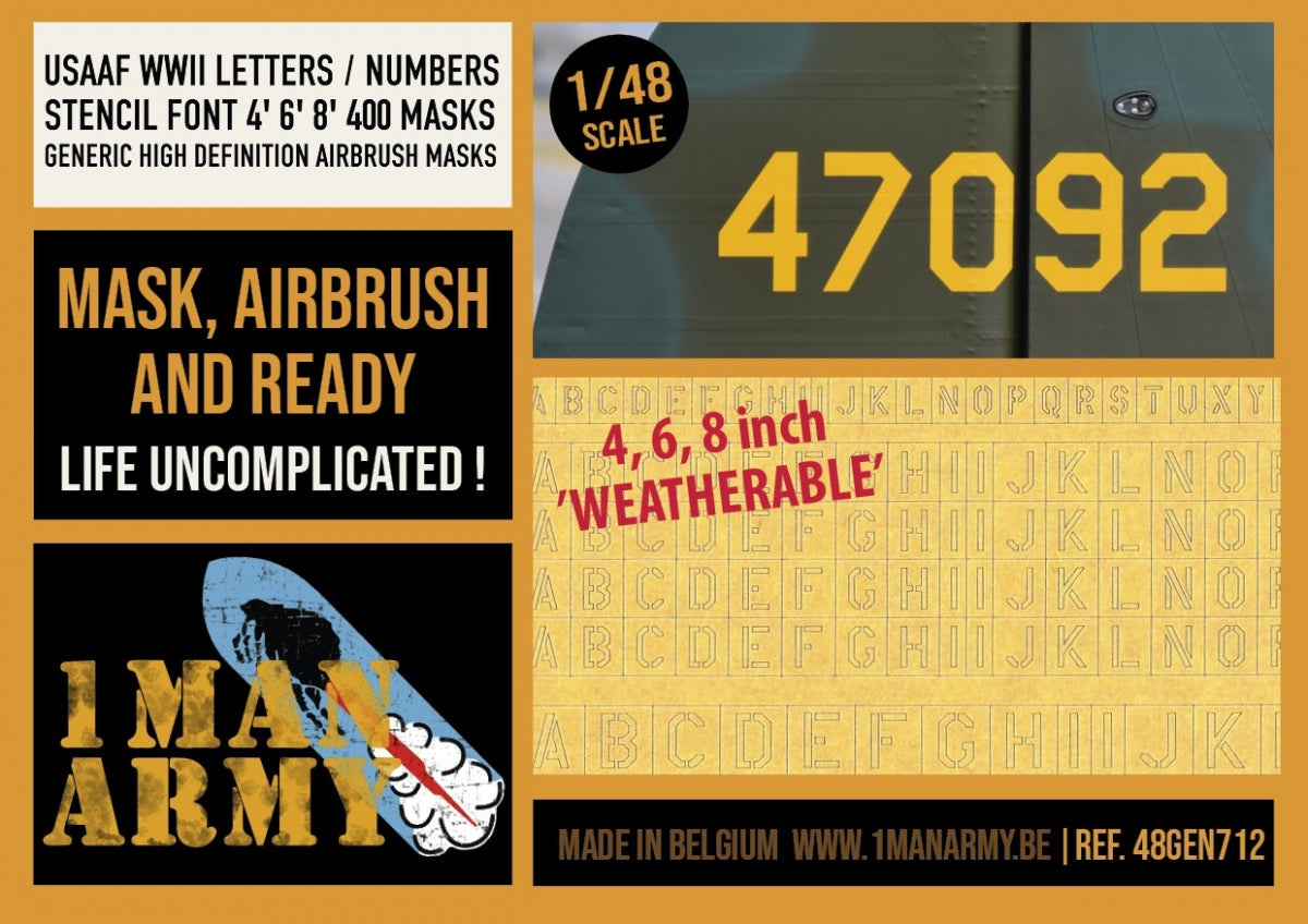 1 Man Army 48GEN714 USAAF WWII Letters / Numbers Full &amp; Stencil 18" (300 pcs) 1/48