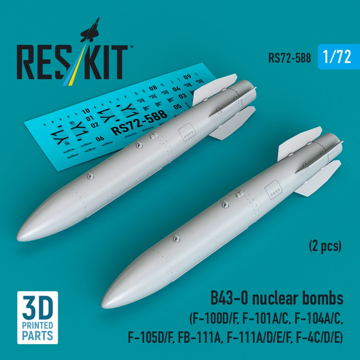 RESKIT RS72-0588 B43-0 nuclear bombs (2 pcs) (F-100D/F, F-101A/C, F-104A/C, F-105D/F, FB-111A, F-111A/E/D/F, F-4C/D/E) (3D Printed) 1/72