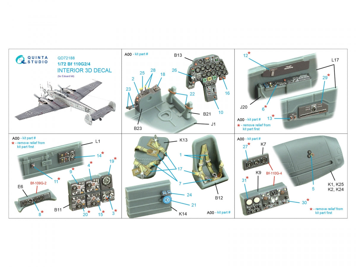 Quinta Studio QD72188 Bf 110G2/4 3D-Printed &amp;amp; coloured Interior on decal paper (Eduard) 1/72 – imagen 2