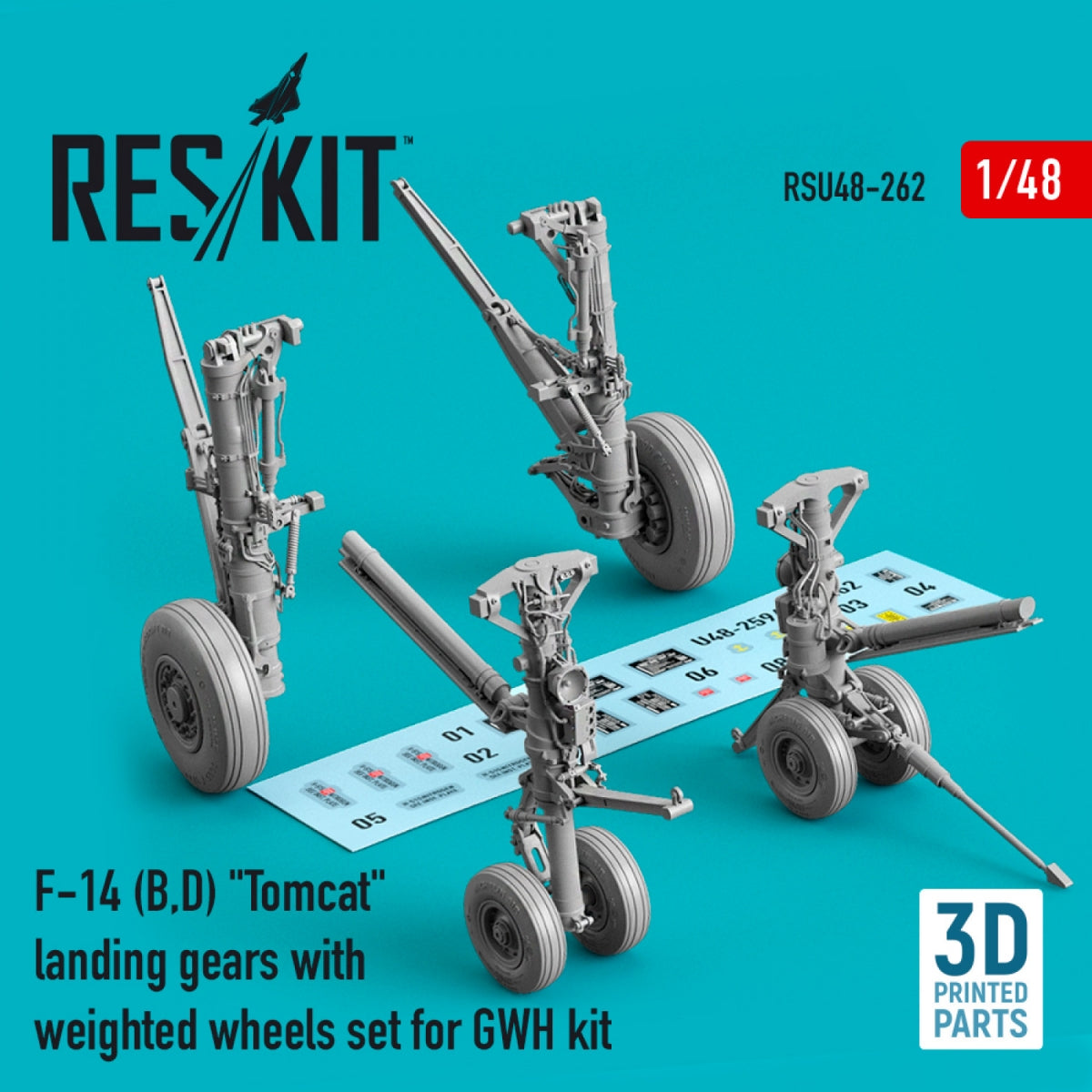RESKIT RSU48-0262 F-14 (B,D) "TOMCAT" LANDING GEARS WITH WEIGHTED WHEELS SET FOR GWH KIT (RESIN & 3D PRINTED) 1/48