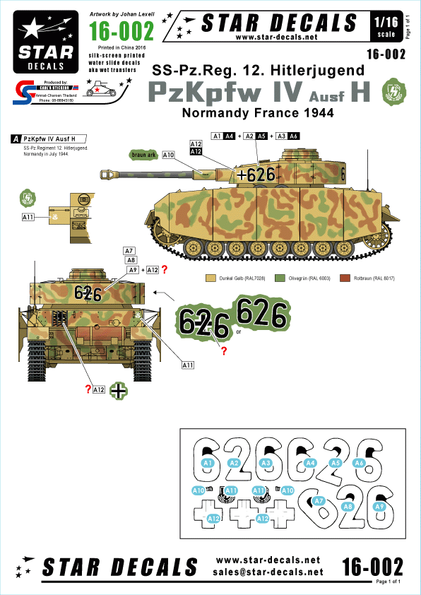 Décalcomanies étoiles 16-002 PzKpfw IV Ausf H - SS-Pz.Reg. 12HJ 1/16