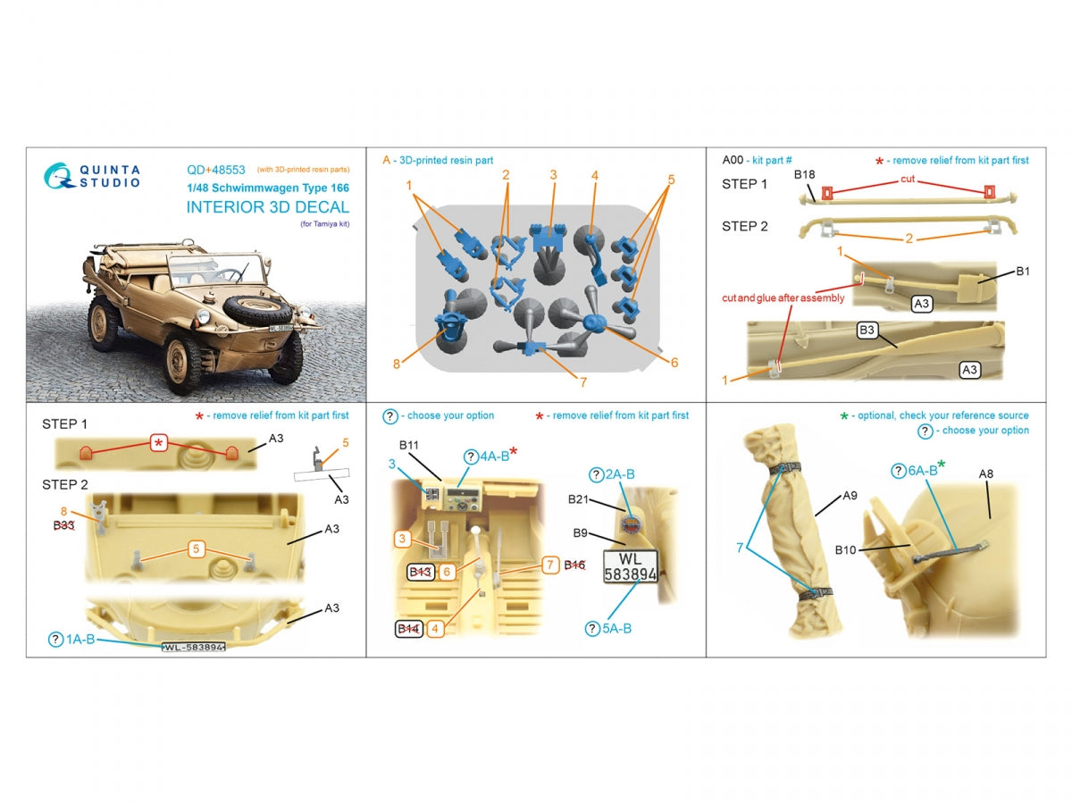 Quinta Studio QD+48553 Schwimmwagen type 166 3D-Printed &amp;amp; coloured Interior on decal paper (Tamiya) (with 3D-printed resin parts) 1/48 – imagen 13