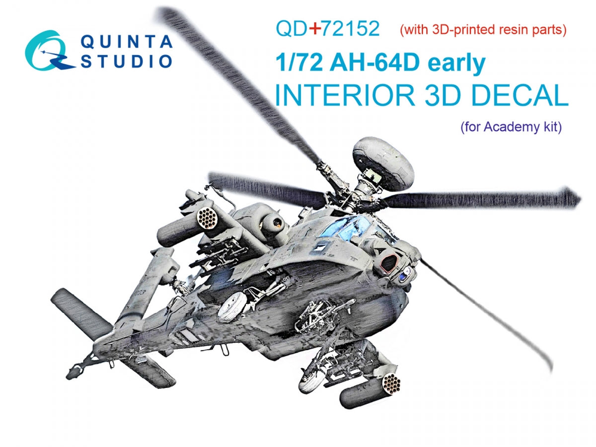 Quinta Studio QD+72152 AH-64D early 3D-Printed coloured Interior on decal paper (Academy)(with 3D-printed resin part) 1/72