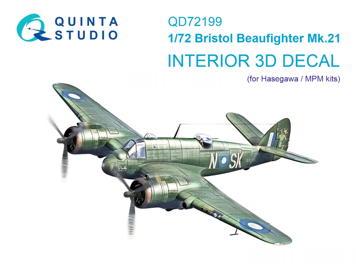 Quinta Studio QD72199 Bristol Beaufighter Mk.21 3D-Printed &amp;amp; coloured Interior on decal paper (Hasegawa/MPM) 1/72
