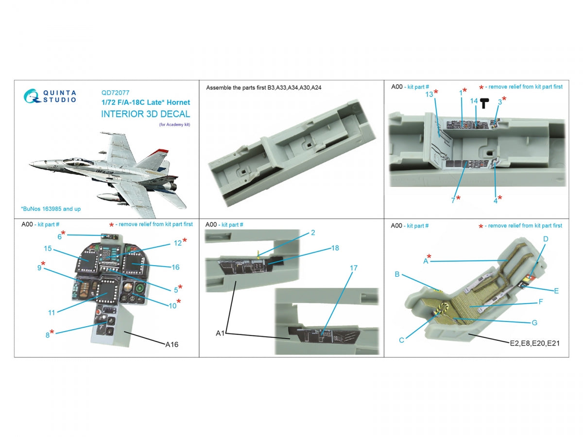 Quinta Studio QD72077 F/A-18C late 3D-Printed &amp;amp; coloured Interior on decal paper (Academy) 1/72 – imagen 13