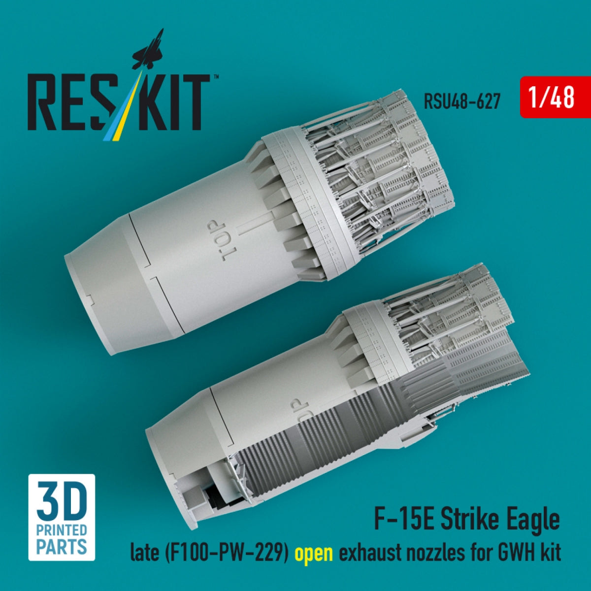 RESKIT RSU48-0627 F‑15E Strike Eagle late (F100-PW-229) open exhaust nozzles for GWH kit (3D Printed) 1/48