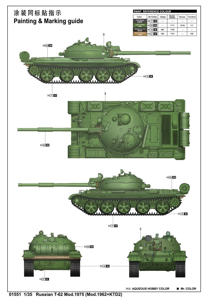 Trumpeter 01551 Russian T-62 Mod.1975 (Mod.1962+KTD2) – immagine 3