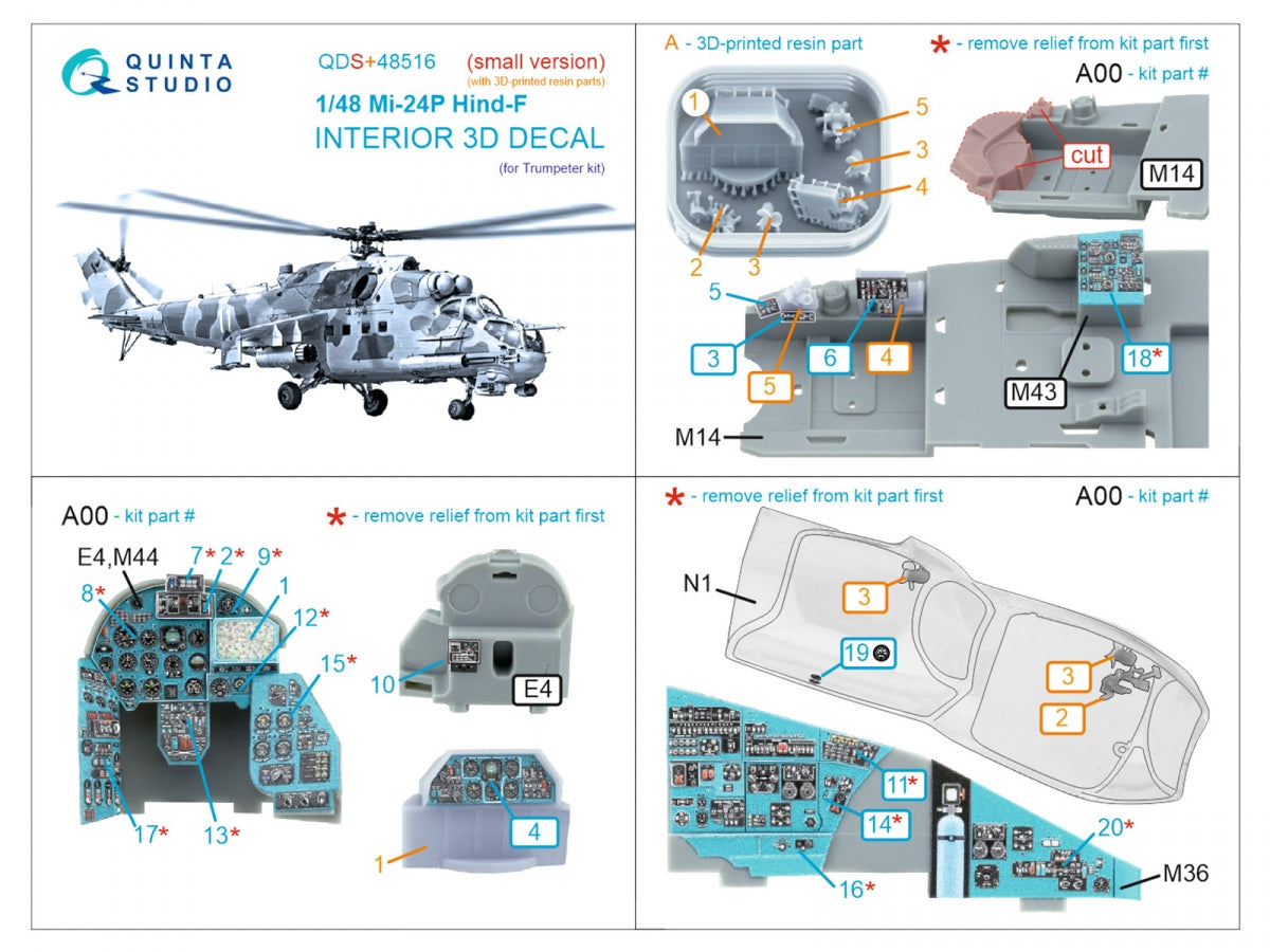 Quinta Studio QDS+48516 Mi-24P Hind-F 3D-Printed coloured Interior on decal paper (Trumpeter) (small version) (with 3D-printed resin parts) 1/48 – imagen 6