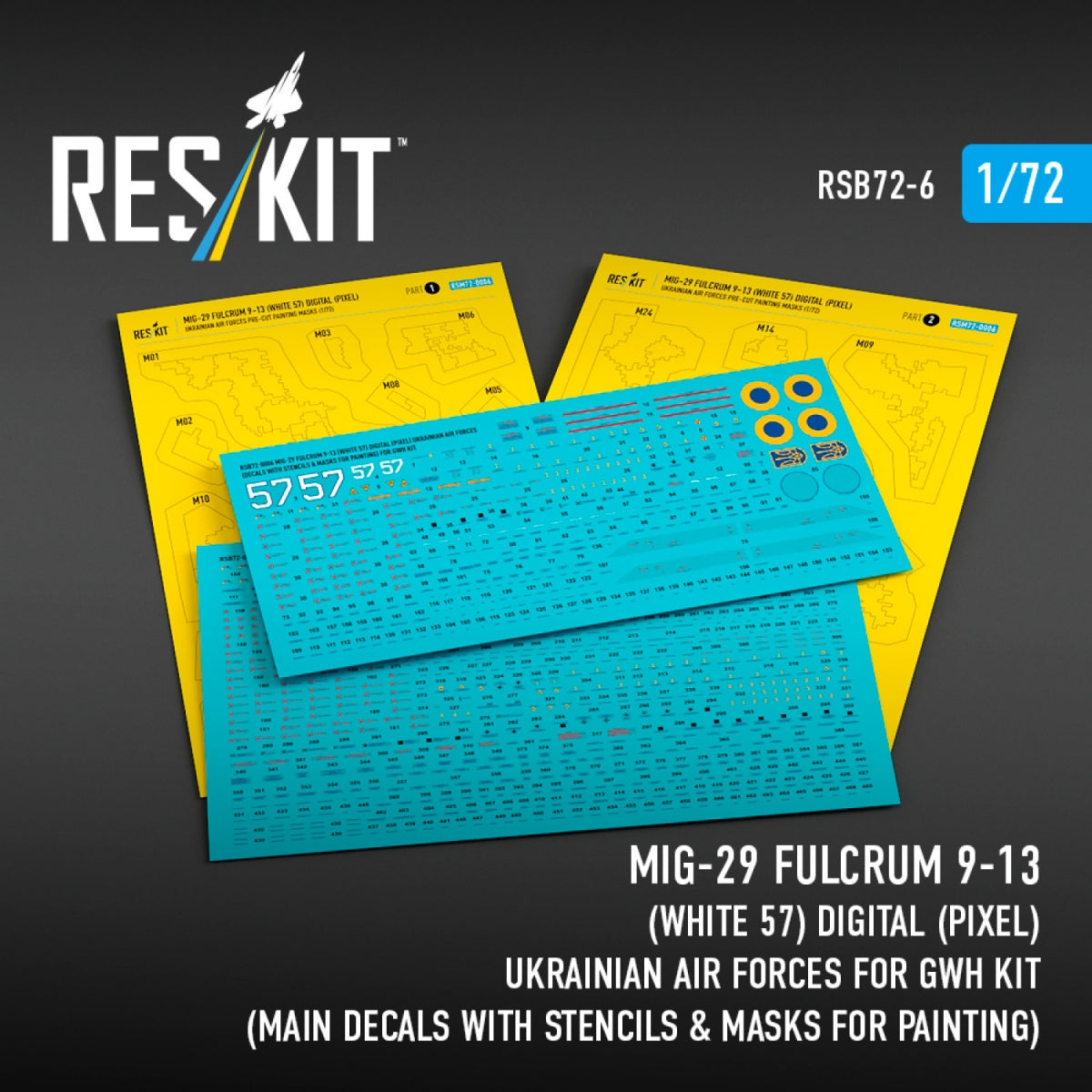 RESKIT RSB72-0006 MiG-29 Fulcrum 9-13 (White 57) Digital (Pixel) Ukrainian Air Forces for GWH kit (Main Decals with Stencils &amp; Masks for painting)1/72