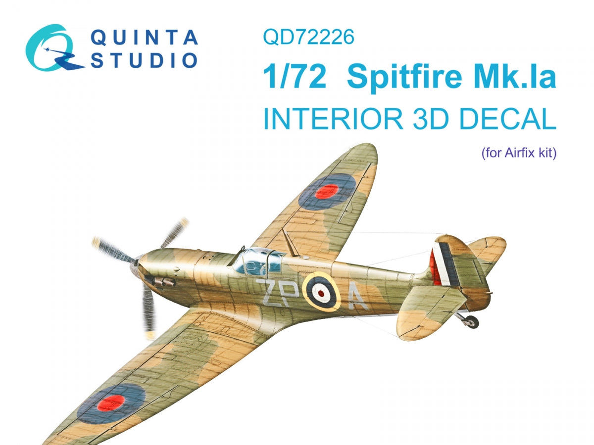 Quinta Studio QD72226 Spitfire Mk.Iа 3D-Printed &amp; coloured Interior on decal paper (Airfix) 1/72