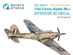 Quinta Studio QD+48574 Fairey Battle Mk.I 3D-Printed &amp;amp; coloured Interior on decal paper (Trumpeter) (with 3D-printed resin parts) 1/48