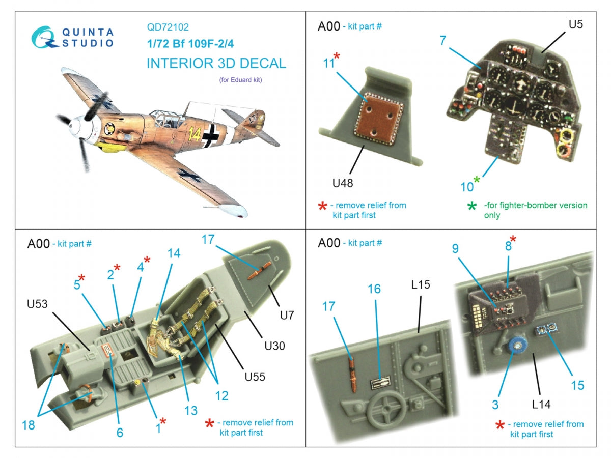 Quinta Studio QD72102 BF 109F-2/4 3D-Printed &amp;amp; coloured Interior on decal paper (Eduard) 1/72 – imagen 2