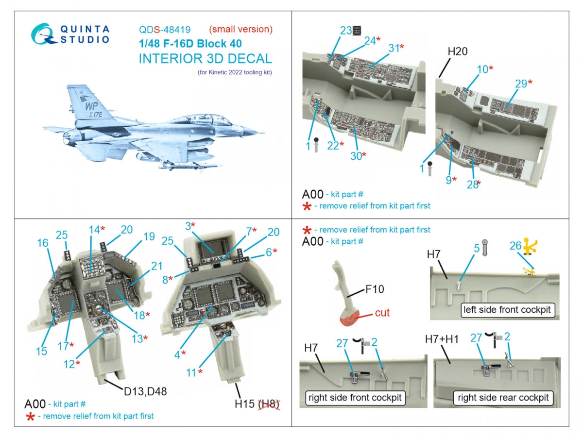 Quinta Studio QDS-48419 F-16D block 40 3D-Printed &amp;amp; coloured Interior on decal paper (Kinetic 2022 tool) (Small version) 1/48 – immagine 2