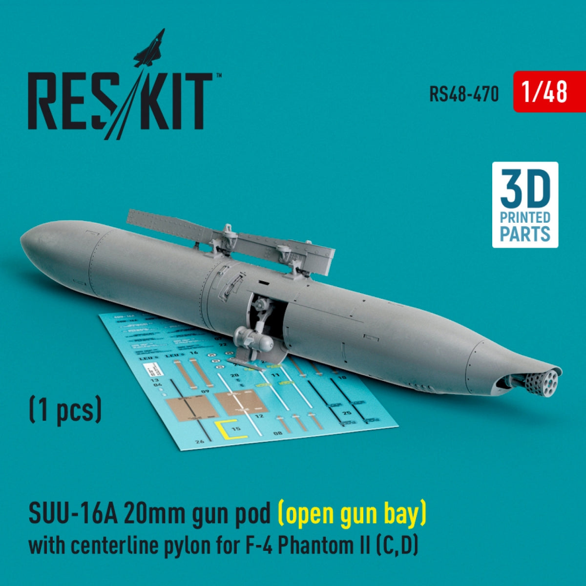 RESKIT RS48-0470 SUU-16A 20mm gun pod (open gun bay) with centerline pylon for F-4 Phantom II (C,D) (1 pcs) (3D Printed) 1/48 – zdjęcie 2