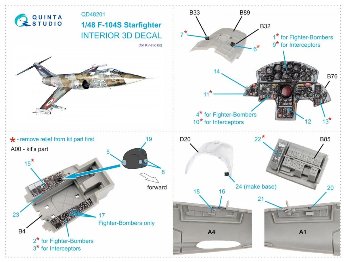 Quinta Studio QD48201 F-104S 3D-Printed &amp;amp; coloured Interior on decal paper (Kinetic) 1/48 – imagen 2