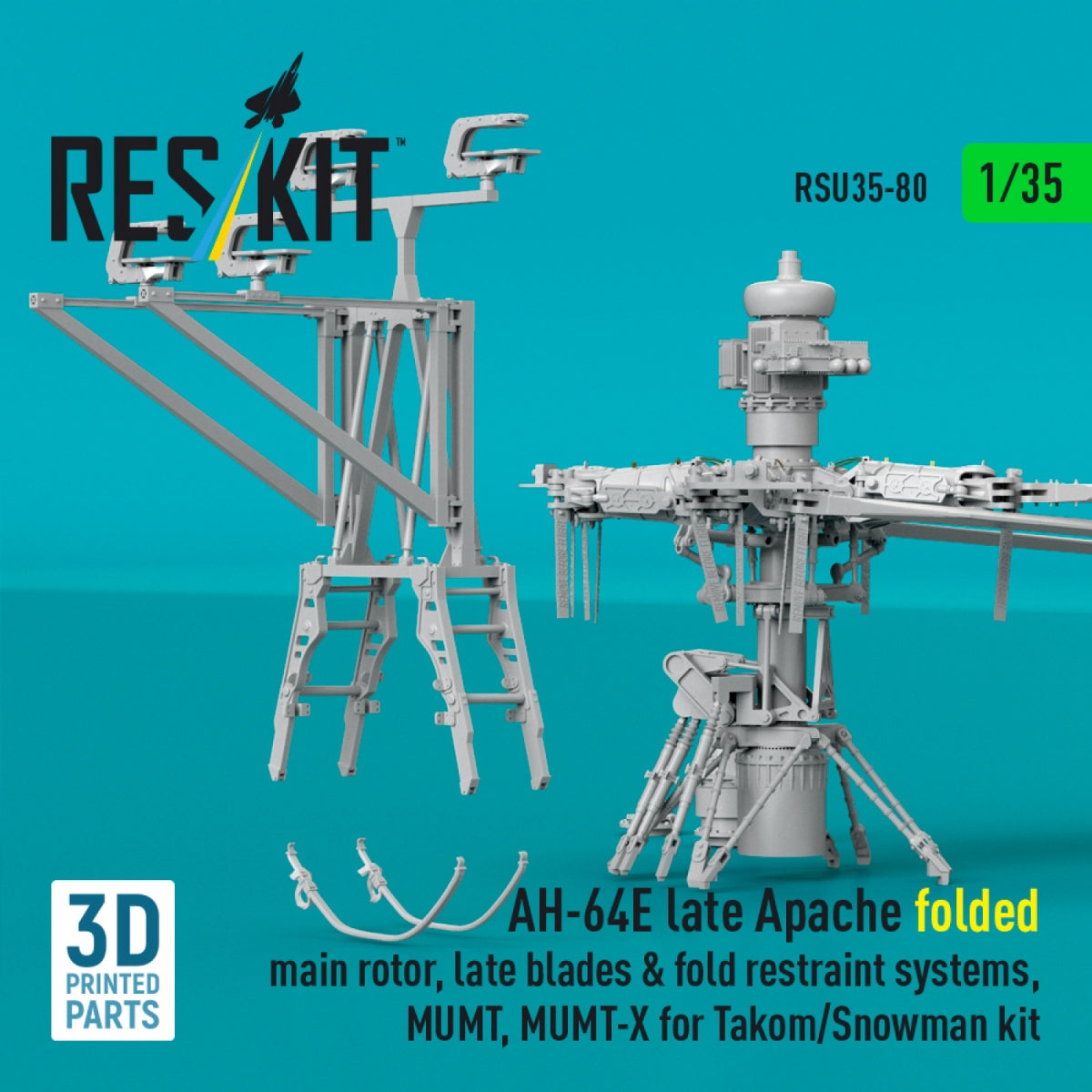 RESKIT RSU35-0080 AH-64E late Apache folded main rotor, late blades &amp; fold restraint systems, MUMT, MUMT-X for Takom/Snowman kit (3D Printed) 1/35