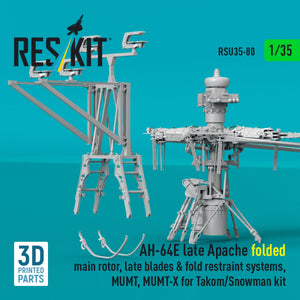 RESKIT RSU35-0080 AH-64E late Apache folded main rotor, late blades &amp; fold restraint systems, MUMT, MUMT-X for Takom/Snowman kit (3D Printed) 1/35