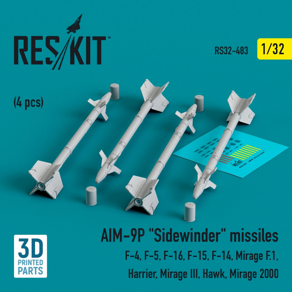 Missiles AIM-9P « Sidewinder » RESKIT RS32-0483 (4 pièces) (Impression 3D) 1/32