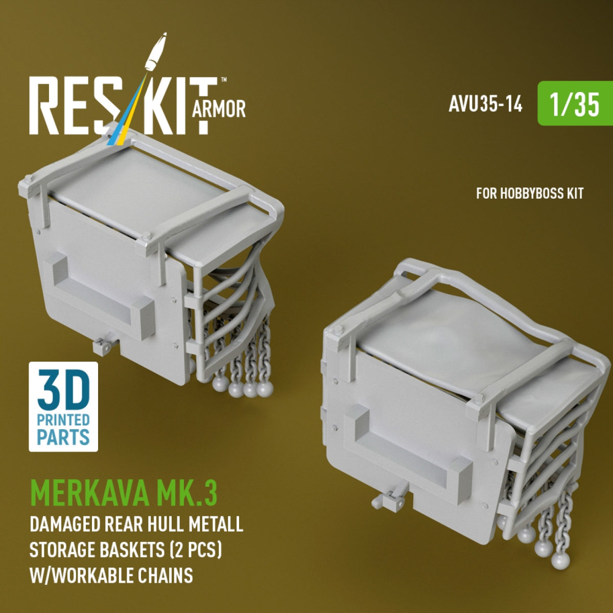 RESKIT AVU35-0014 Merkava Mk.3 damaged rear hull metall storage baskets (2 pcs) w/workable chains for HobbyBoss kit (3D Printed) 1/35