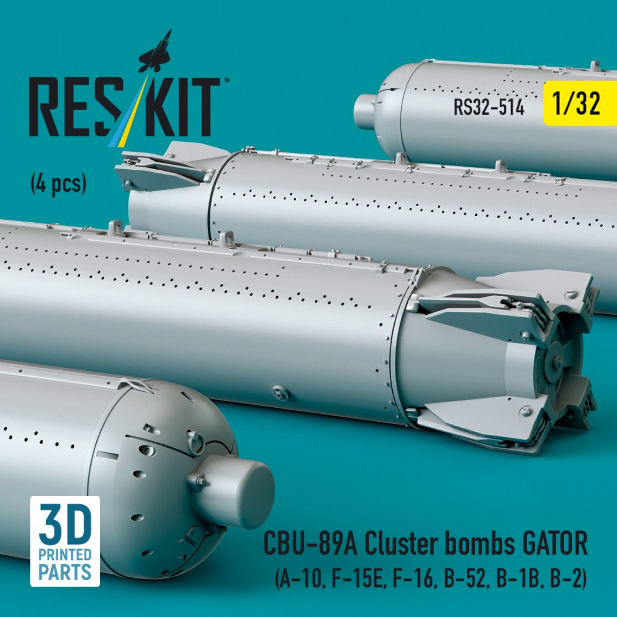 RESKIT RS32-0514 CBU-89A cluster bombs GATOR (4 pcs) (3D Printed) 1/32 – zdjęcie 2