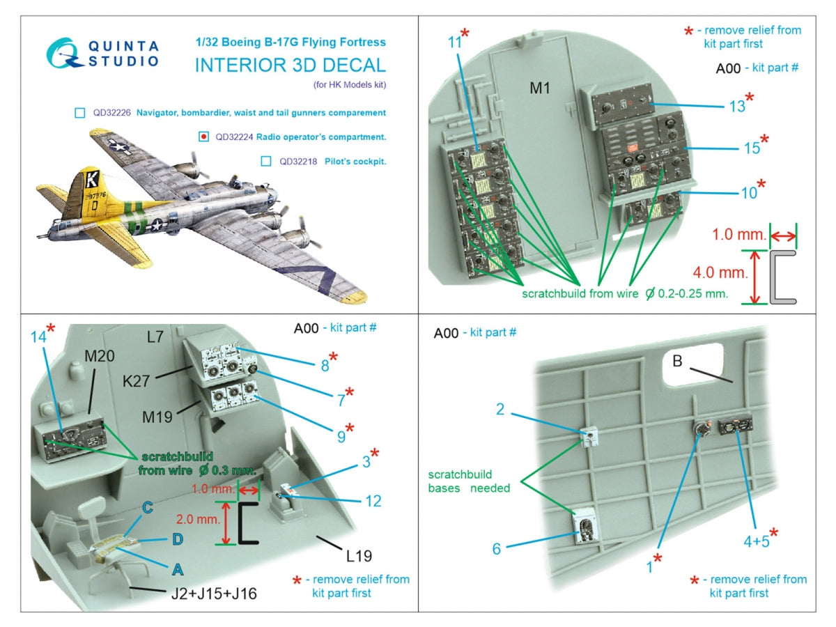 Quinta Studio QD32224 Boeing B-17G Radio operator&amp;#39;s compartment. 3D-Printed coloured Interior on decal paper (HK models) 1/32 – immagine 2