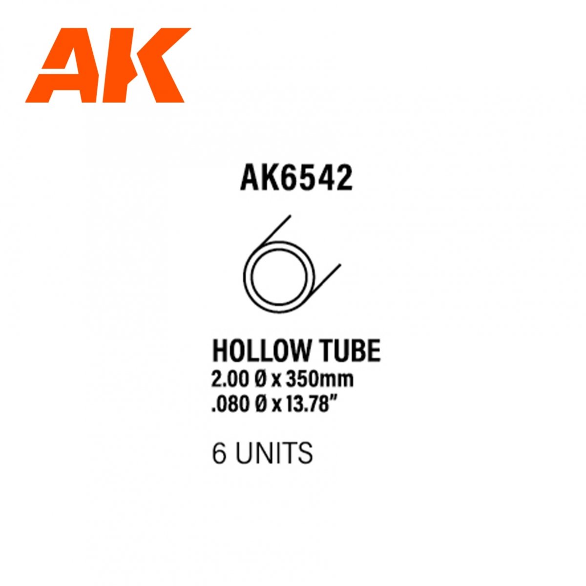 AK Interactive AK6542 TUBE CREUX 2,00 DIAMÈTRE X 350MM – TUBE CREUX EN STYRÈNE – (6 UNITÉS)