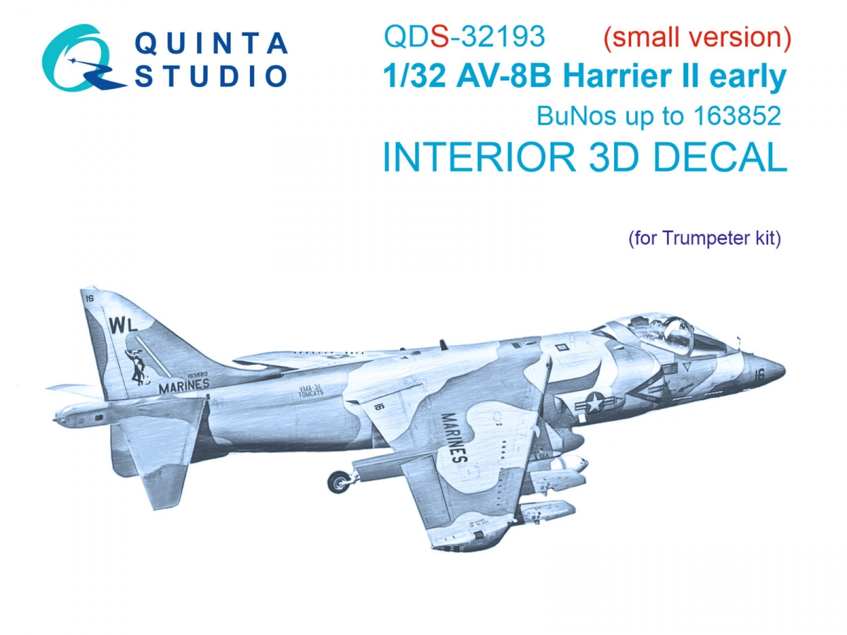 Quinta Studio QDS-32193 AV-8B Harrier II early 3D-Printed &amp;amp; coloured Interior on decal paper (Trumpeter) (small) 1/32