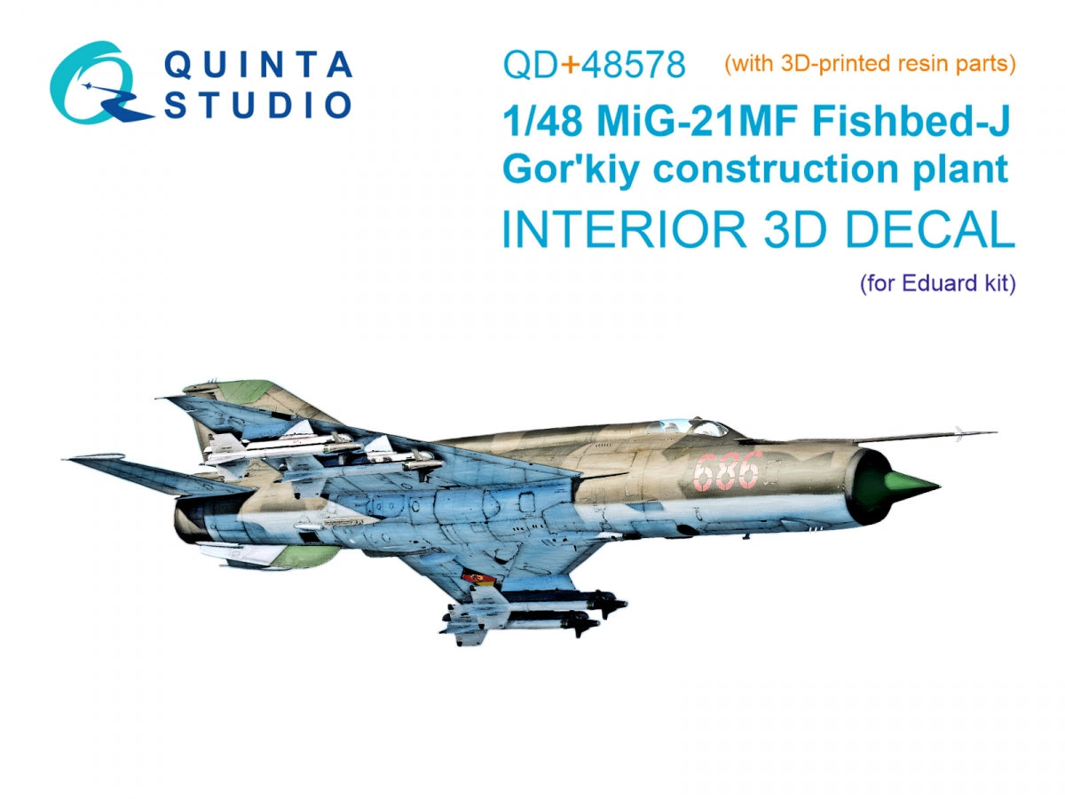 Quinta Studio QD+48578 MiG-21MF Fishbed-J (Gorkiy plant) 3D-Printed &amp;amp; coloured Interior on decal paper (Eduard) (with 3D-printed resin parts) 1/48