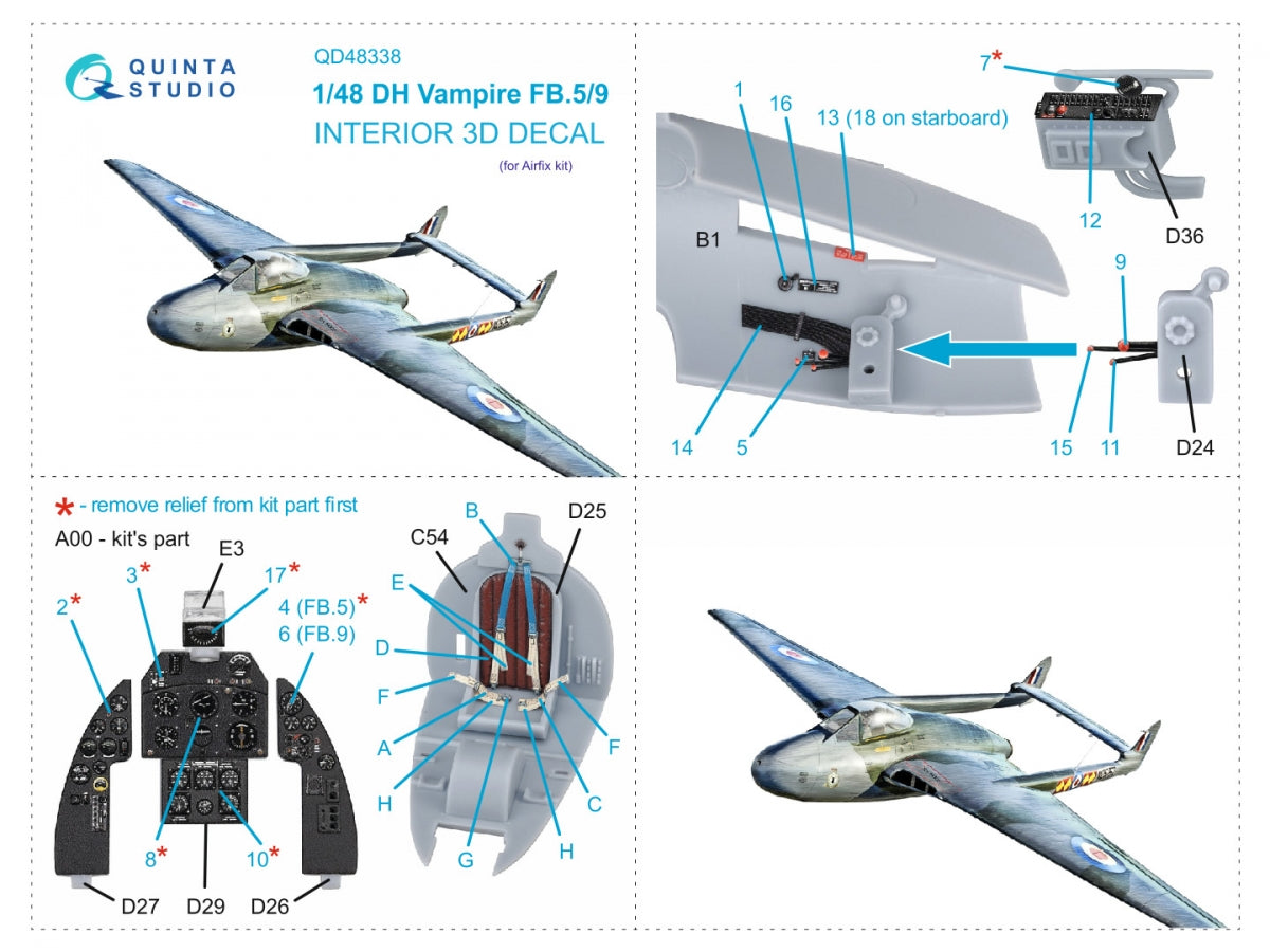 Quinta Studio QD48338 DH Vampire FB.5/FB.9 3D-Printed coloured Interior on decal paper (Airfix) 1/48 – immagine 2