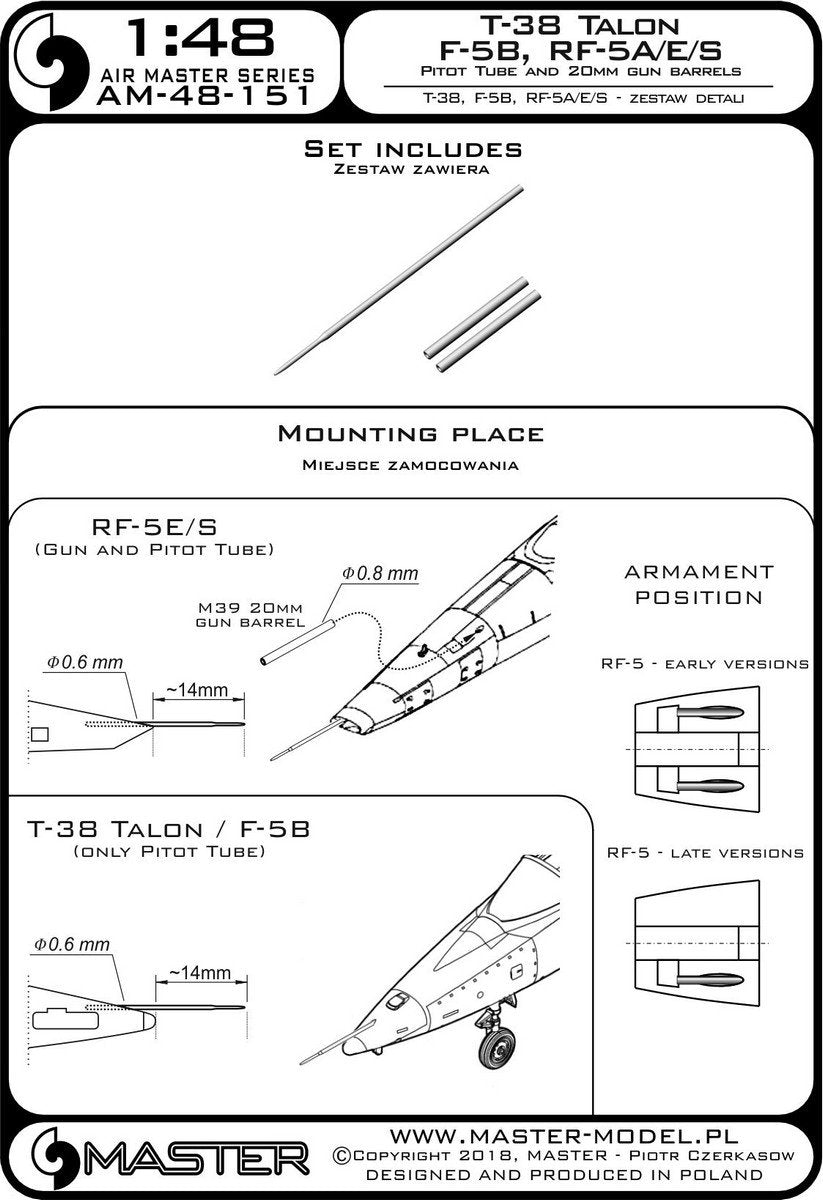 Master AM-48-151 T-38 Talon / F-5B / RF-5A, E, S - Tube Pitot et canons de 20 mm 1/48 – image 3