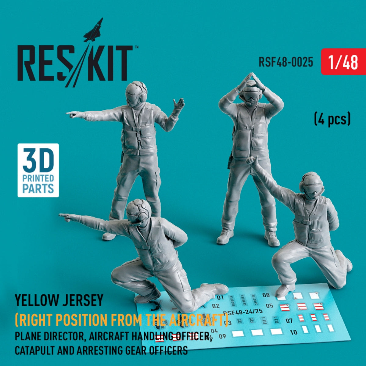 RESKIT RSF48-0025 MAILLOT JAUNE (POSITION DROITE PAR RAPPORT À L'AVION) DIRECTEUR DE VOL, OFFICIER DE MANŒUVRE, OFFICIERS DE CATAPULTE ET DE PISTE D'ARRÊT (4 PIÈCES) (IMPRIMÉ EN 3D) 1/48